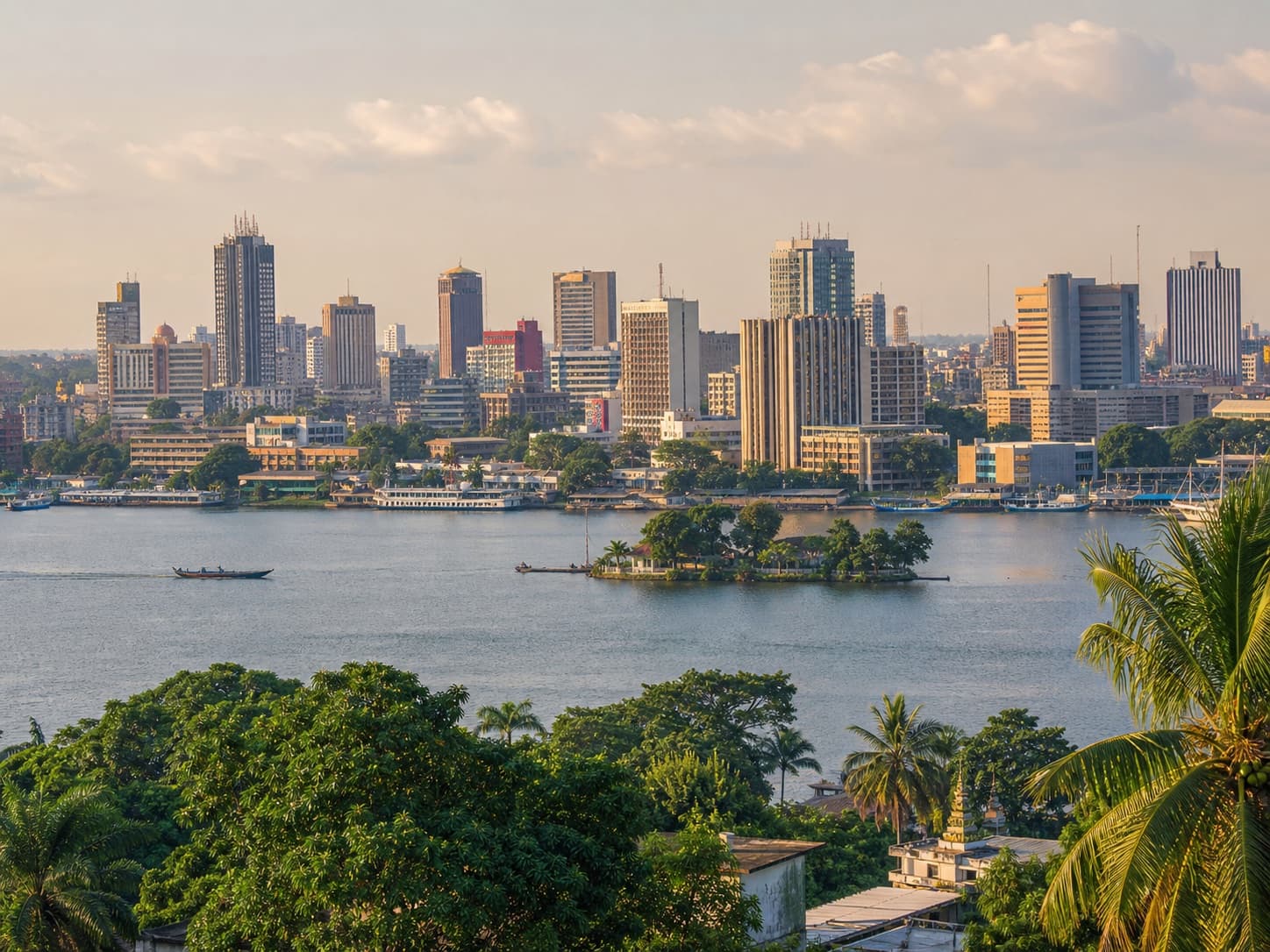 View across the Ébrié Lagoon toward Abidjan’s Plateau district