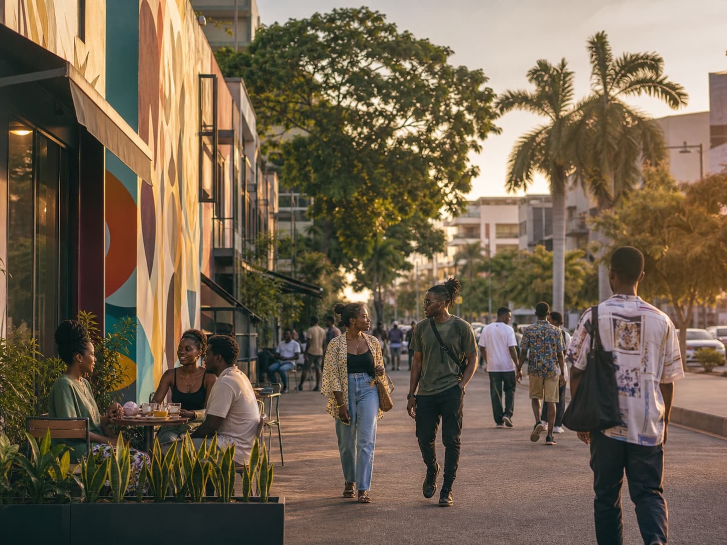 A lively creative street in Accra in the late-afternoon light